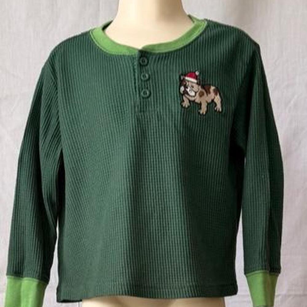 Green long sleeve shirt with Dog wearing Santa Hat embroidery